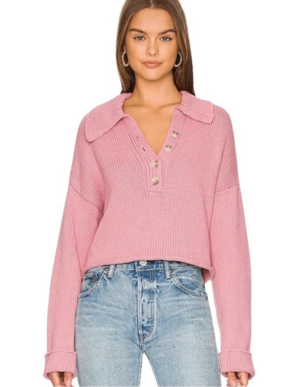 Show Me Your MuMu Pink V-Neck Crawford Cropped Knit Sweater